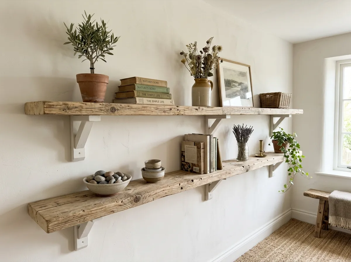 Two long rustic reclaimed wood shelves with white wooden corbel brackets mounted on a farmhouse wall