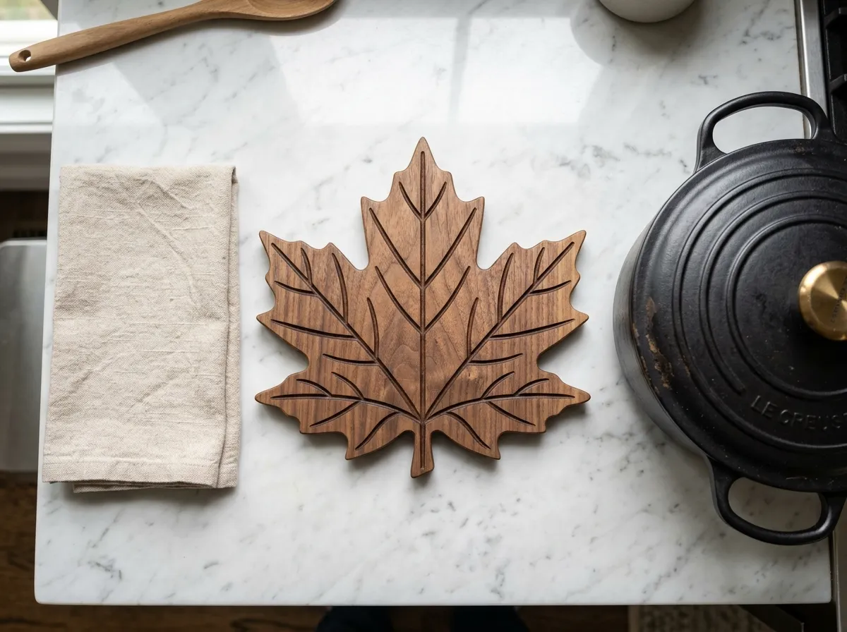 Top-down view of a handmade wooden trivet carved into a maple leaf shape with routed vein lines. It sits on a white marble kitchen counter next to a folded linen towel and a black cast iron pot.